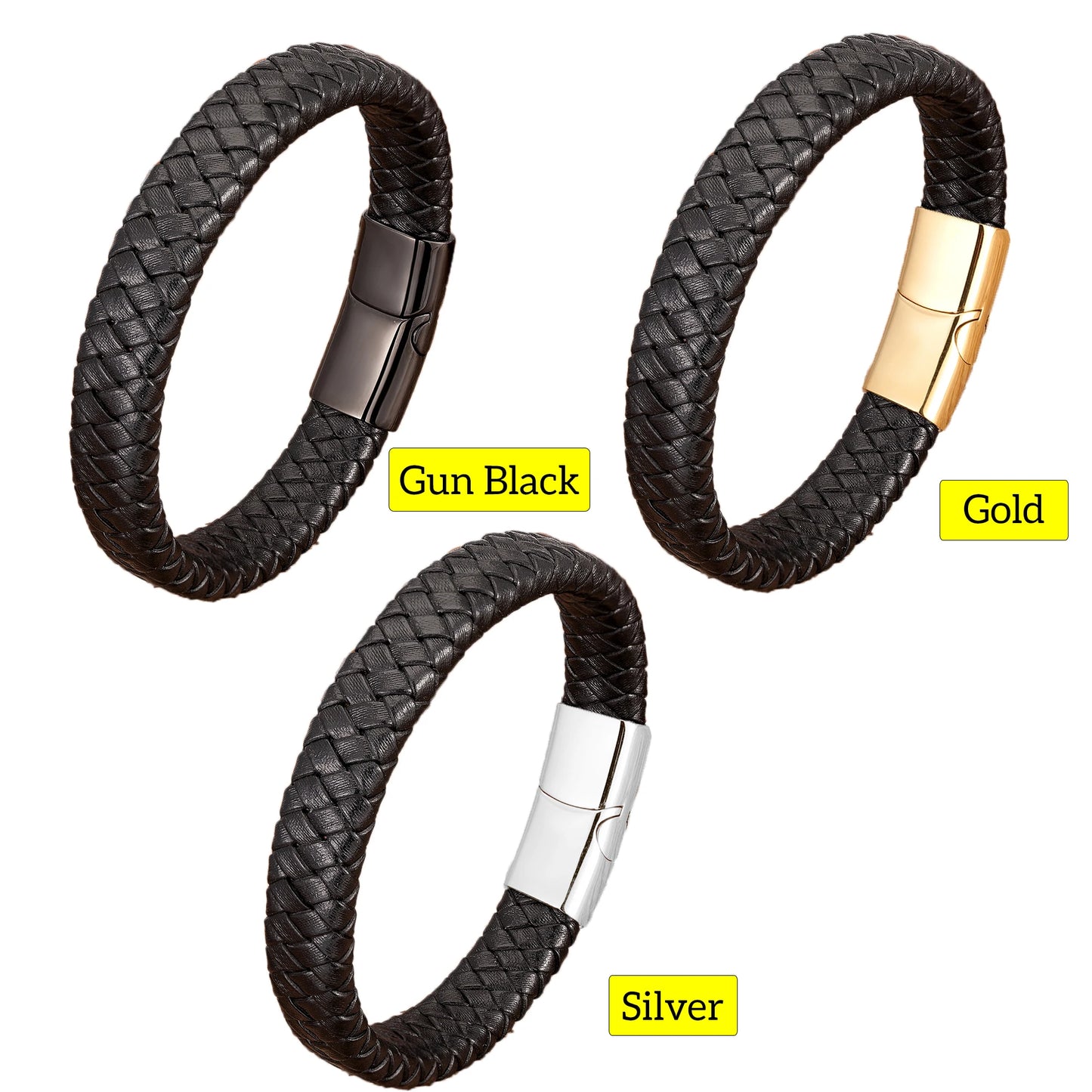 Charm Men's Jewelry: Black Braided Leather Bracelet with Magnetic Stainless Steel Clasp