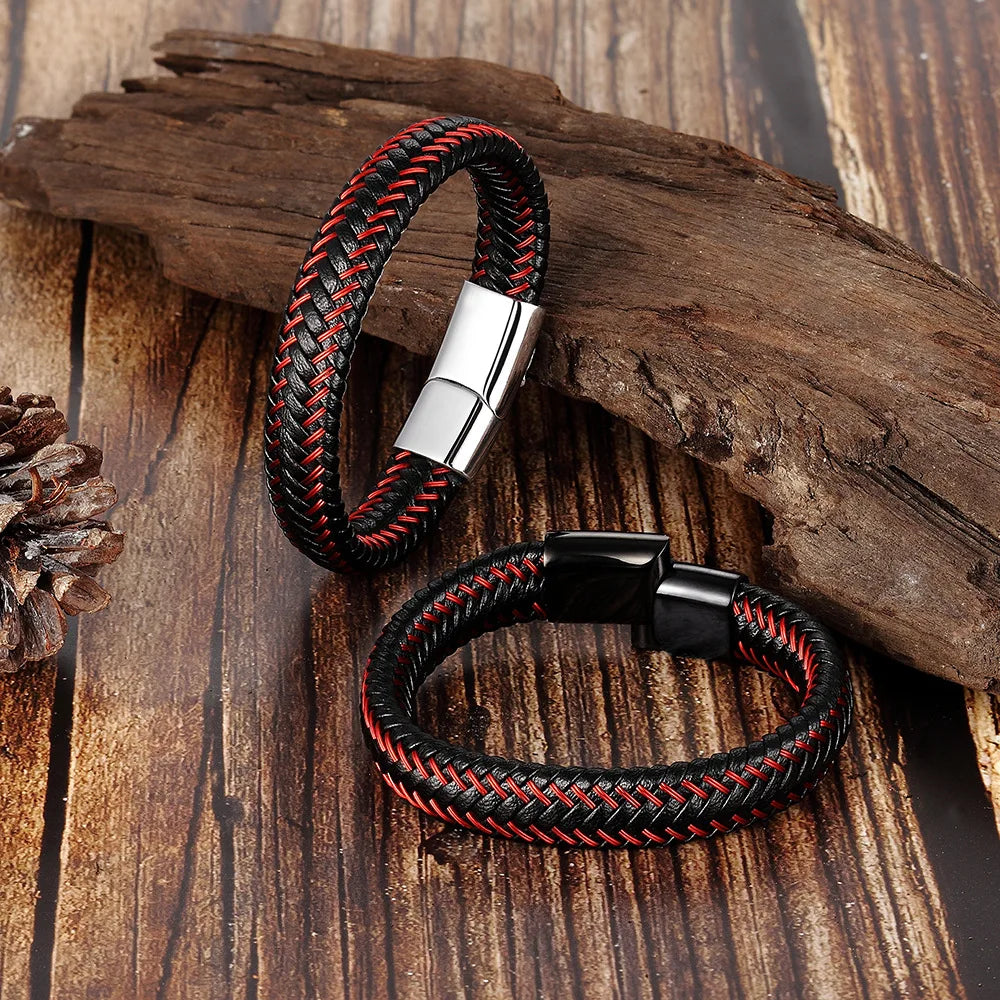 Leather Rope Bracelet Stainless Steel Braided Leather Jewelry for Men