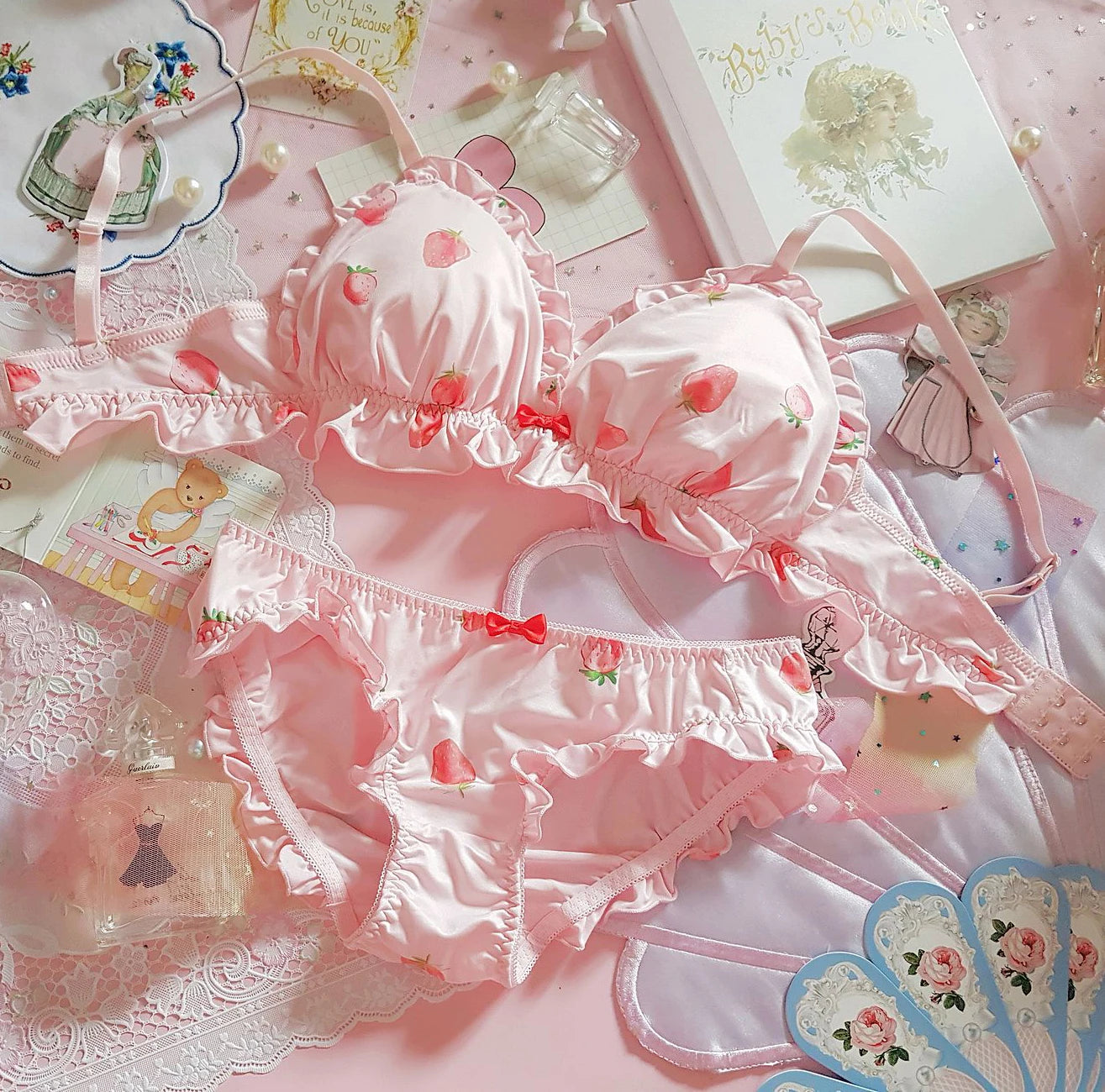 Strawberry Bra & Panties Set – Kawaii Lolita Soft Milk Silk Lingerie