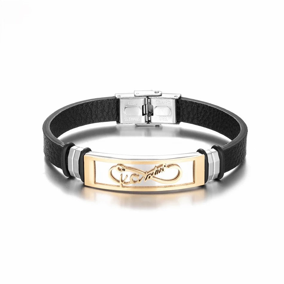 Elegant gold and black leather infinity bracelet with a durable stainless steel clasp, perfect for any occasion.