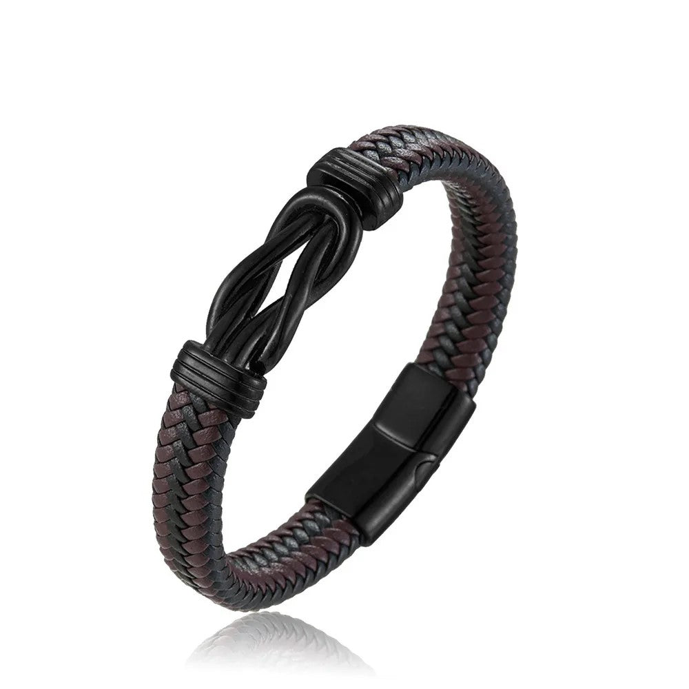 A black and red braided leather bracelet featuring an elegant infinity knot design.