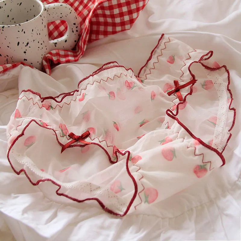 Red Strawberry Mesh Panties – Sexy Low-Rise Lace & Ruffle Briefs