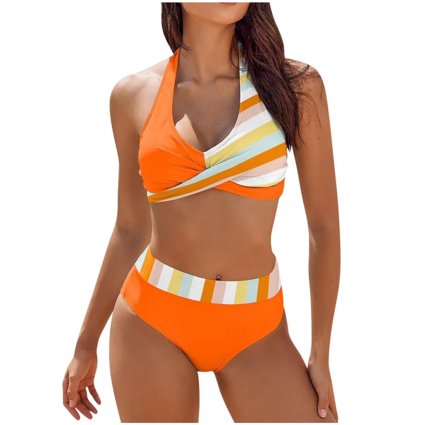 Bikini Beach Colour Block Floral Printed Women's High Waist Two-Piece Swimsuit