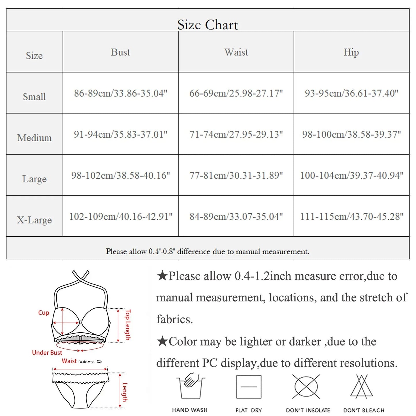 Size chart for a bra and panties set with measurements in centimeters and inches.