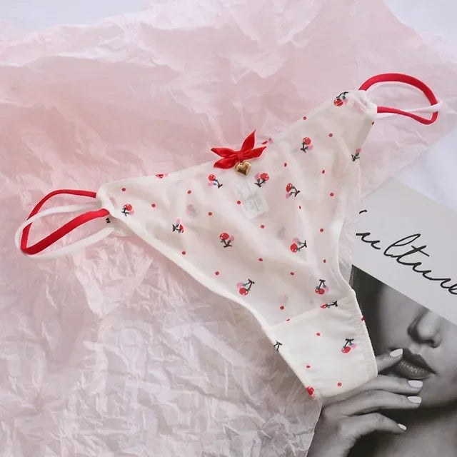 Transparent Strawberry & Cherry G-String Panties – Low-Waist Mesh Underwear