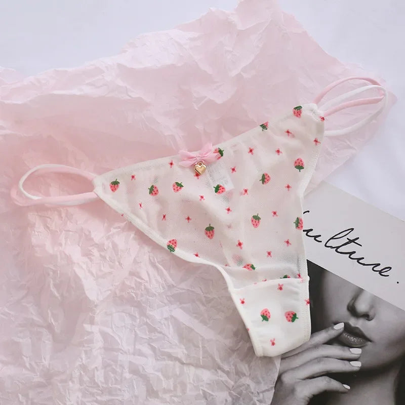 Transparent Strawberry & Cherry G-String Panties – Low-Waist Mesh Underwear