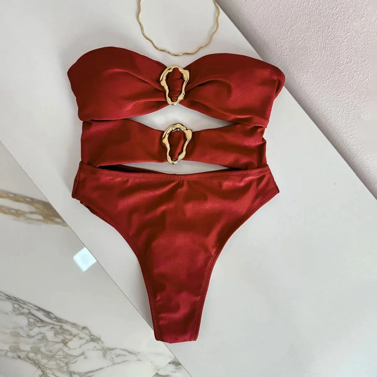 Bandeau One-Piece Swimsuit with Metal Ring Cut-Out – High Leg Design