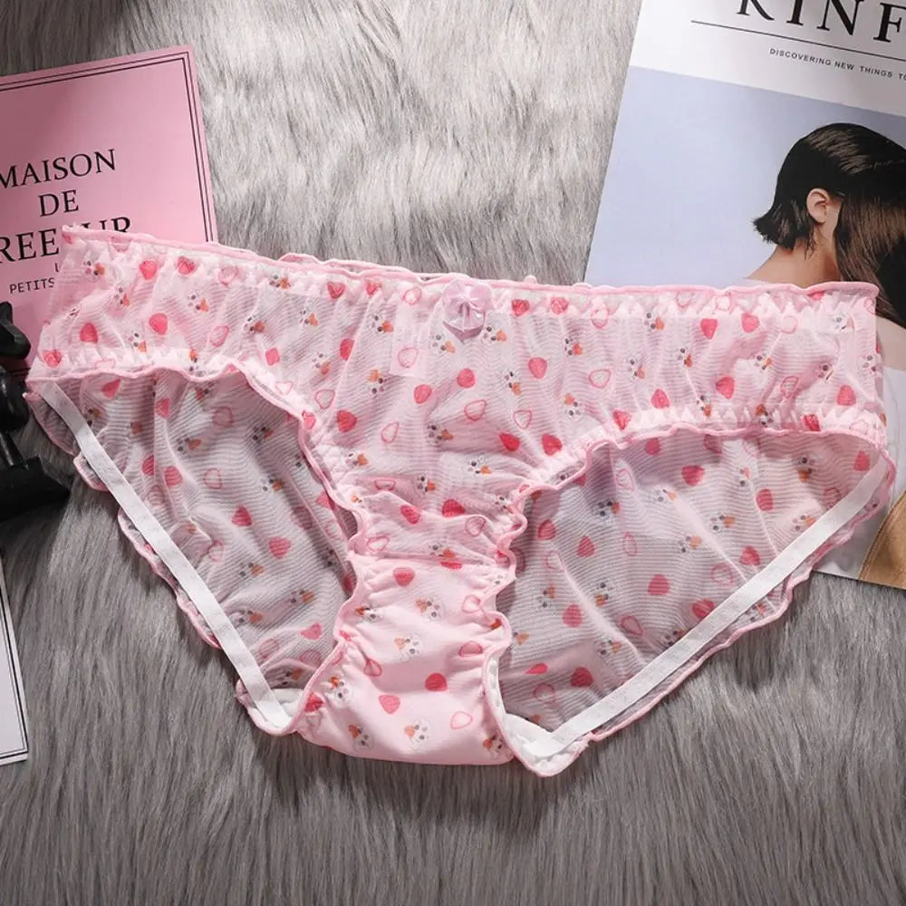 Strawberry Mesh Ruffle Panties – Low-Rise Cotton & Nylon Briefs