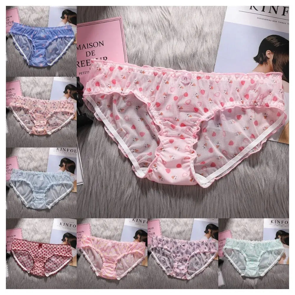 Strawberry Mesh Ruffle Panties – Low-Rise Cotton & Nylon Briefs