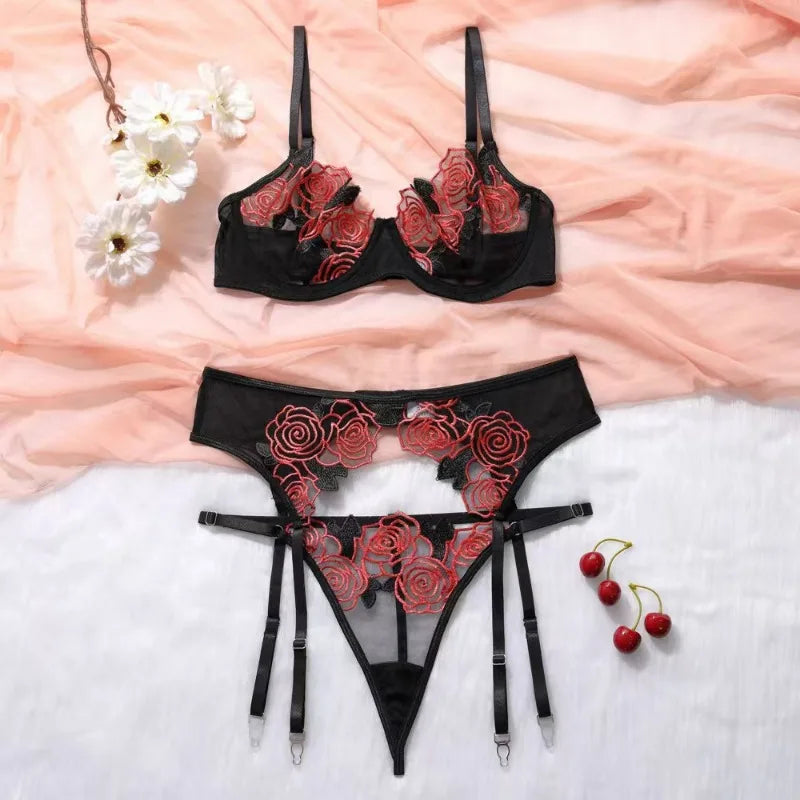 Toucheart 3 Piece Sexy Lace Embroidery Bra Set for Women