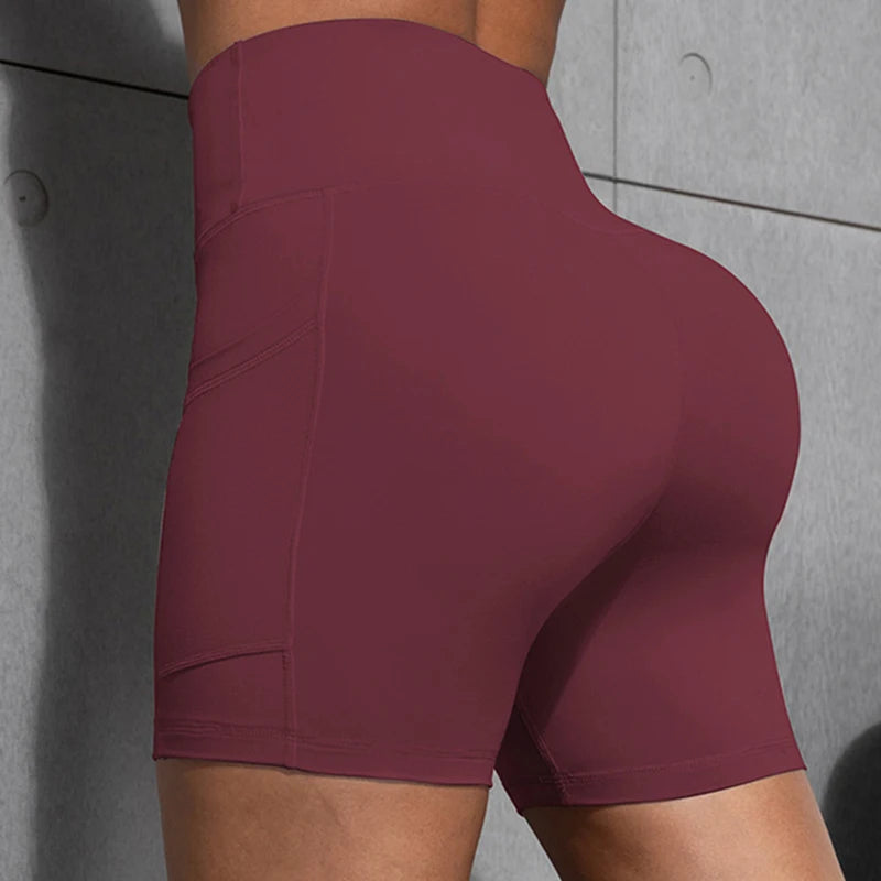 Women Shorts with Pockets Sexy Butt Lifting Fitness Cycling Tights Slim Solid Color High Waist Sports Shorts Casual Fashion Wear