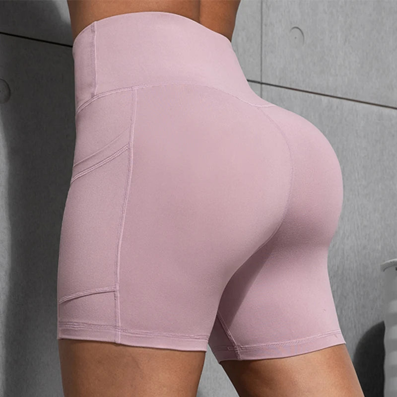 Women Shorts with Pockets Sexy Butt Lifting Fitness Cycling Tights Slim Solid Color High Waist Sports Shorts Casual Fashion Wear