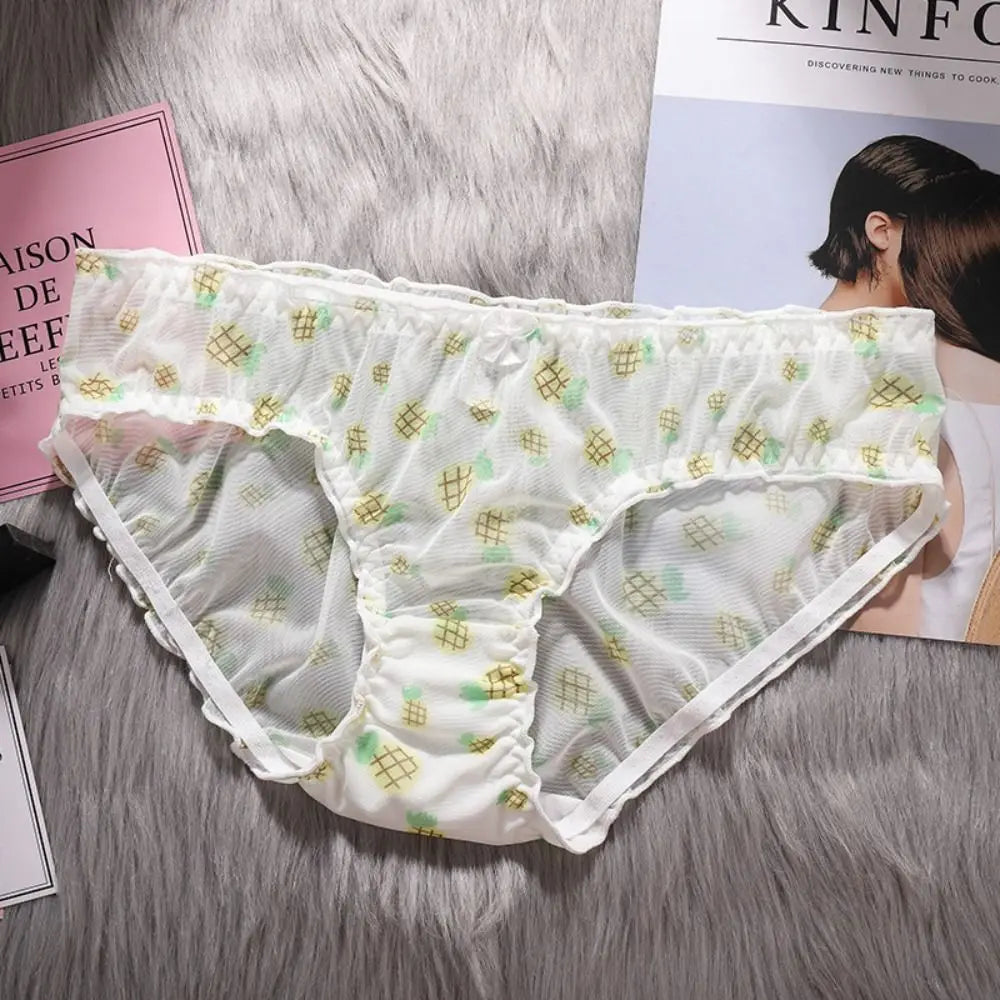 Strawberry Mesh Ruffle Panties – Low-Rise Cotton & Nylon Briefs