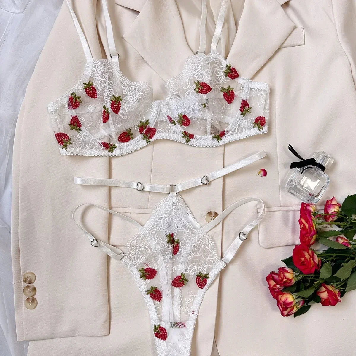 Strawberry Embroidered Lingerie Set – Sheer Underwire Bra & Panty