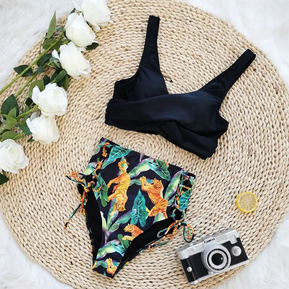 Floral Print V-Neck Bikini Set – Tie Back, High Waist Cutout Two-Piece Swimwear