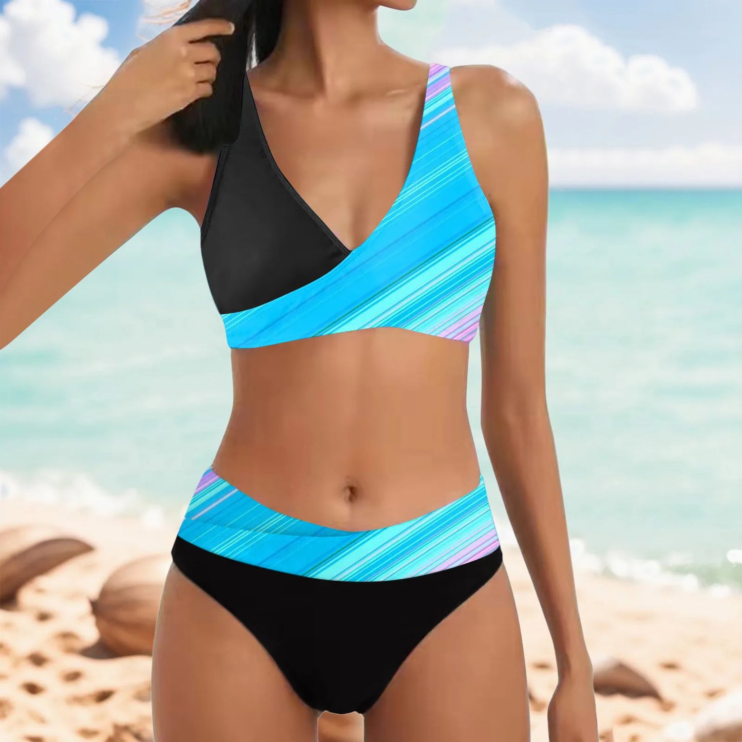 Woman wearing a colorful bikini set