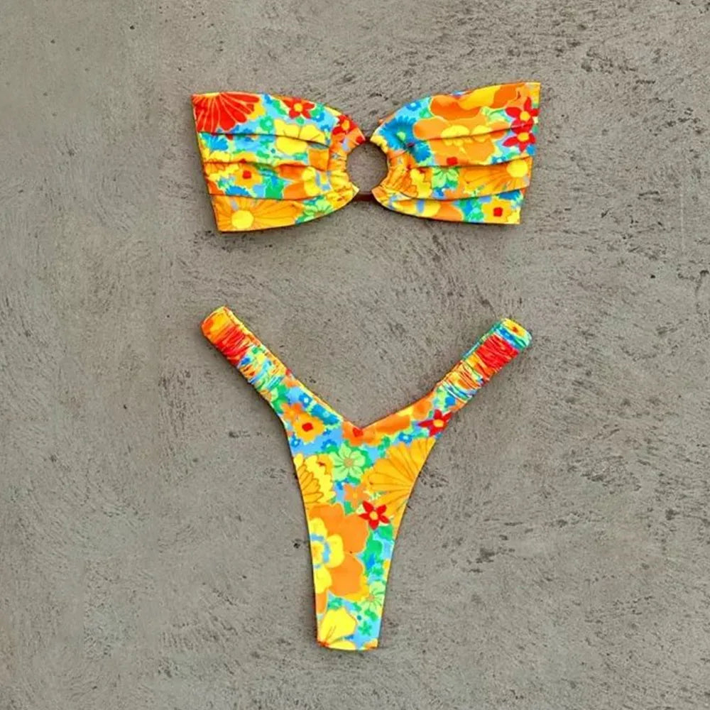 Printed Push-Up Bandeau Bikini Set – Brazilian Thong Swimwear