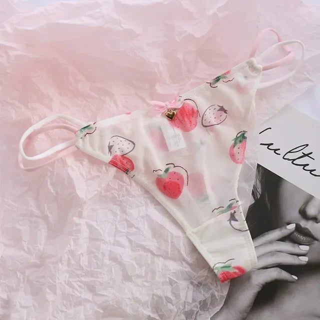 Transparent Strawberry & Cherry G-String Panties – Low-Waist Mesh Underwear