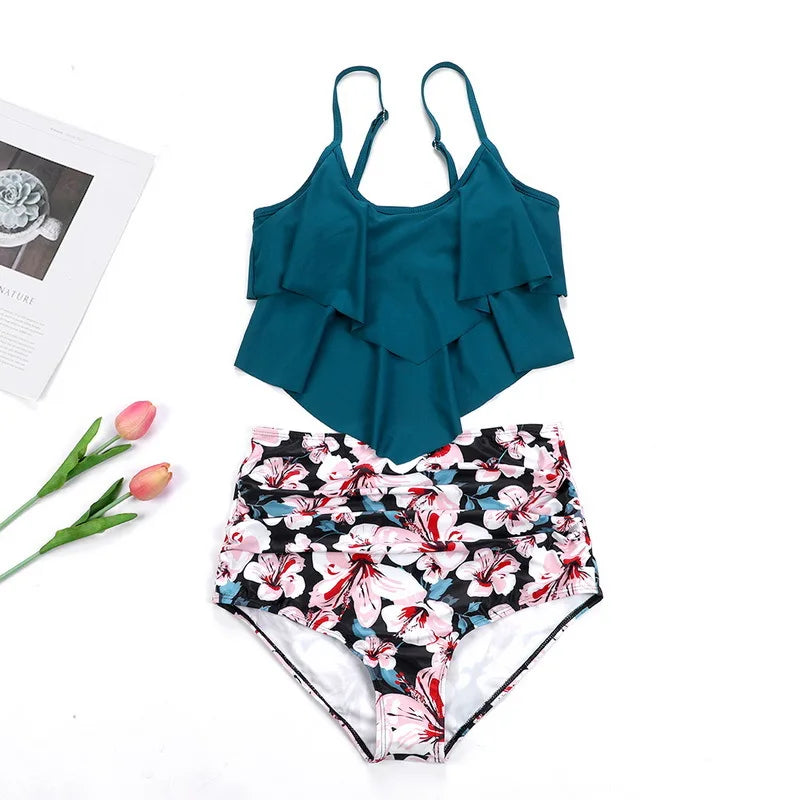 Swimwear Ruffles Women’s Two-Piece Set – High Waist Bikini with Printed Beachwear & Push-Up Tankini