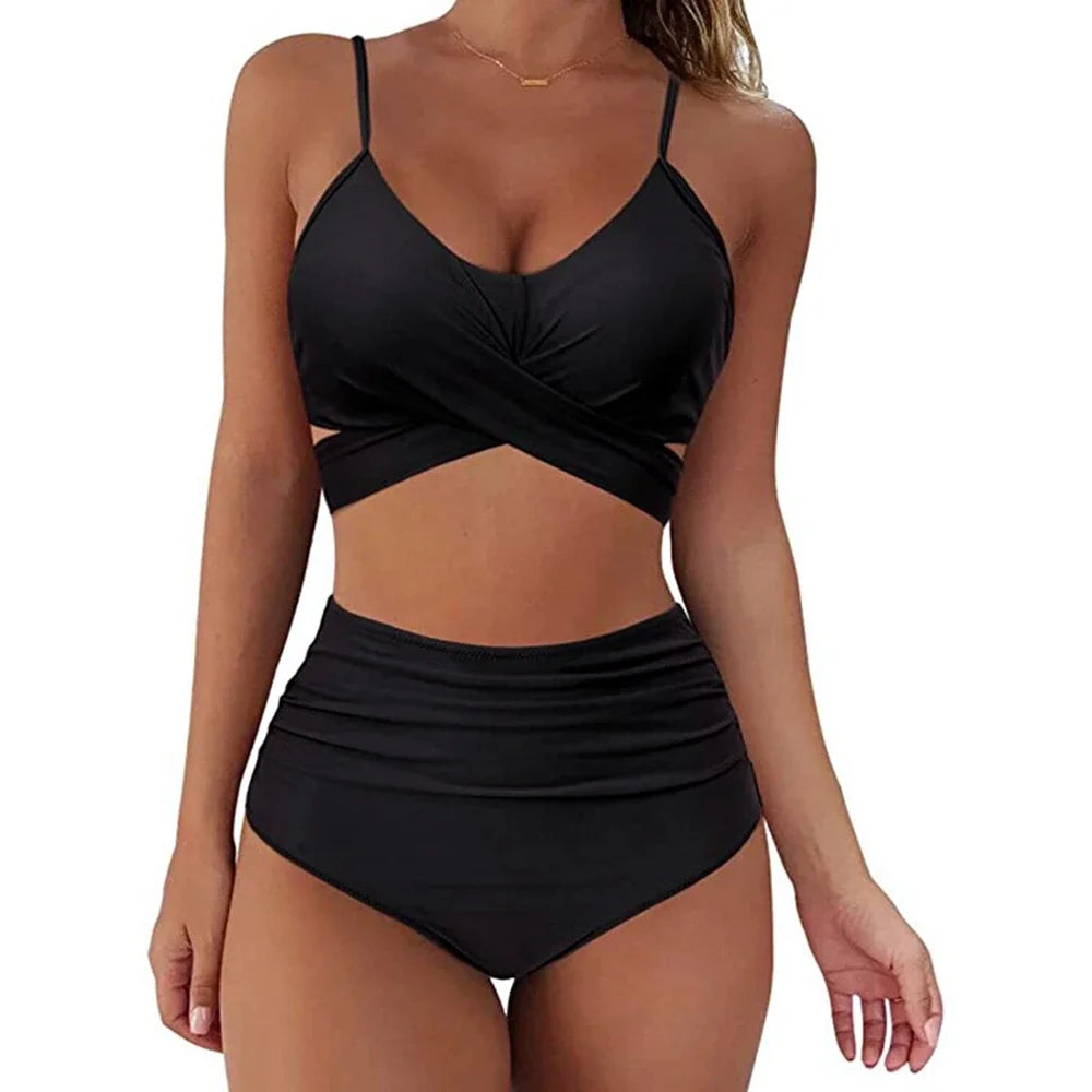 Women's High Waisted Slim Fit Swimwear 2 Pieces with Cross Front