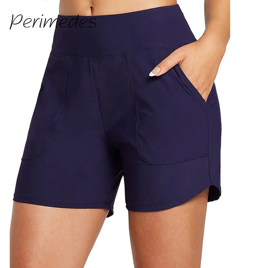 Women's High Waisted Swim Shorts with Tummy Control & Pockets
