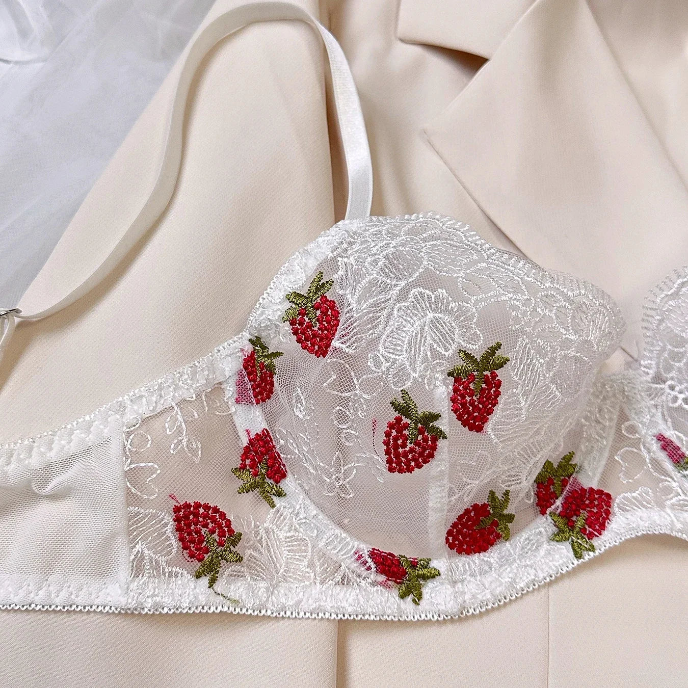 Strawberry Embroidered Lingerie Set – Sheer Underwire Bra & Panty