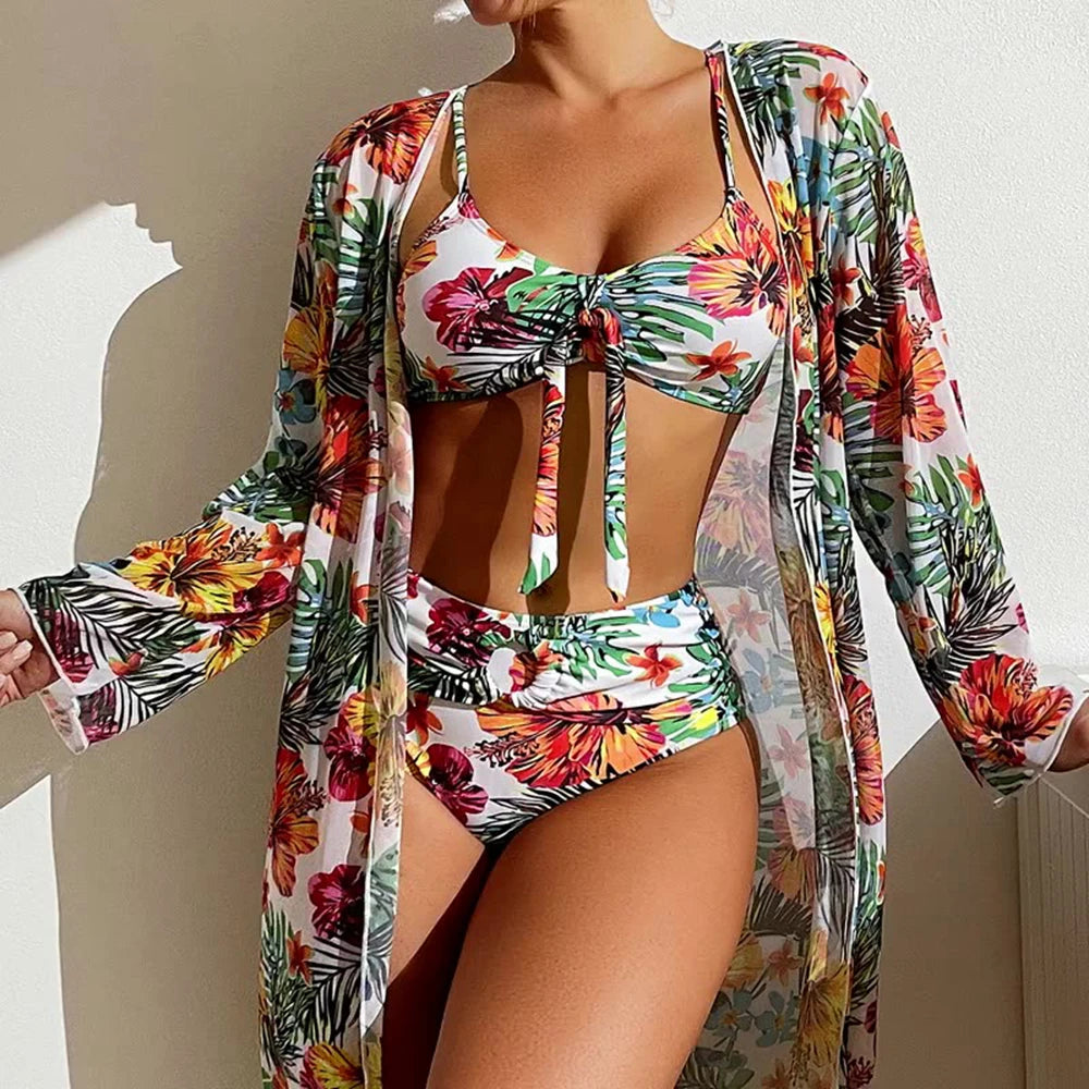 High Waisted Bikini 3 Pieces Floral Printed Swimsuit for Women