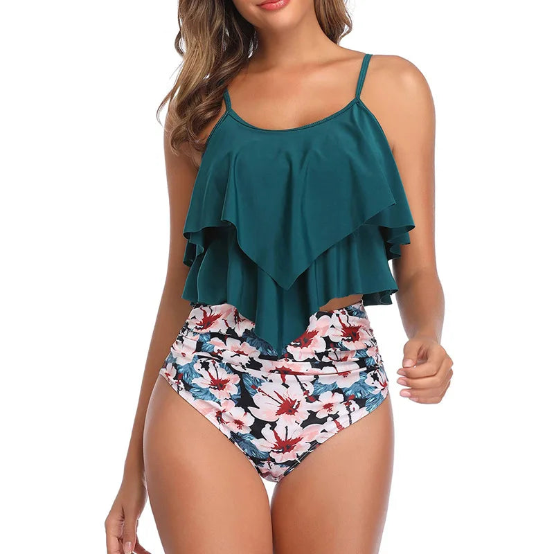 Swimwear Ruffles Women’s Two-Piece Set – High Waist Bikini with Printed Beachwear & Push-Up Tankini