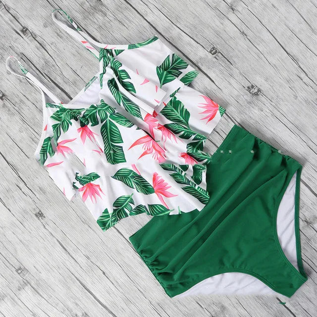 Swimwear Ruffles Women’s Two-Piece Set – High Waist Bikini with Printed Beachwear & Push-Up Tankini