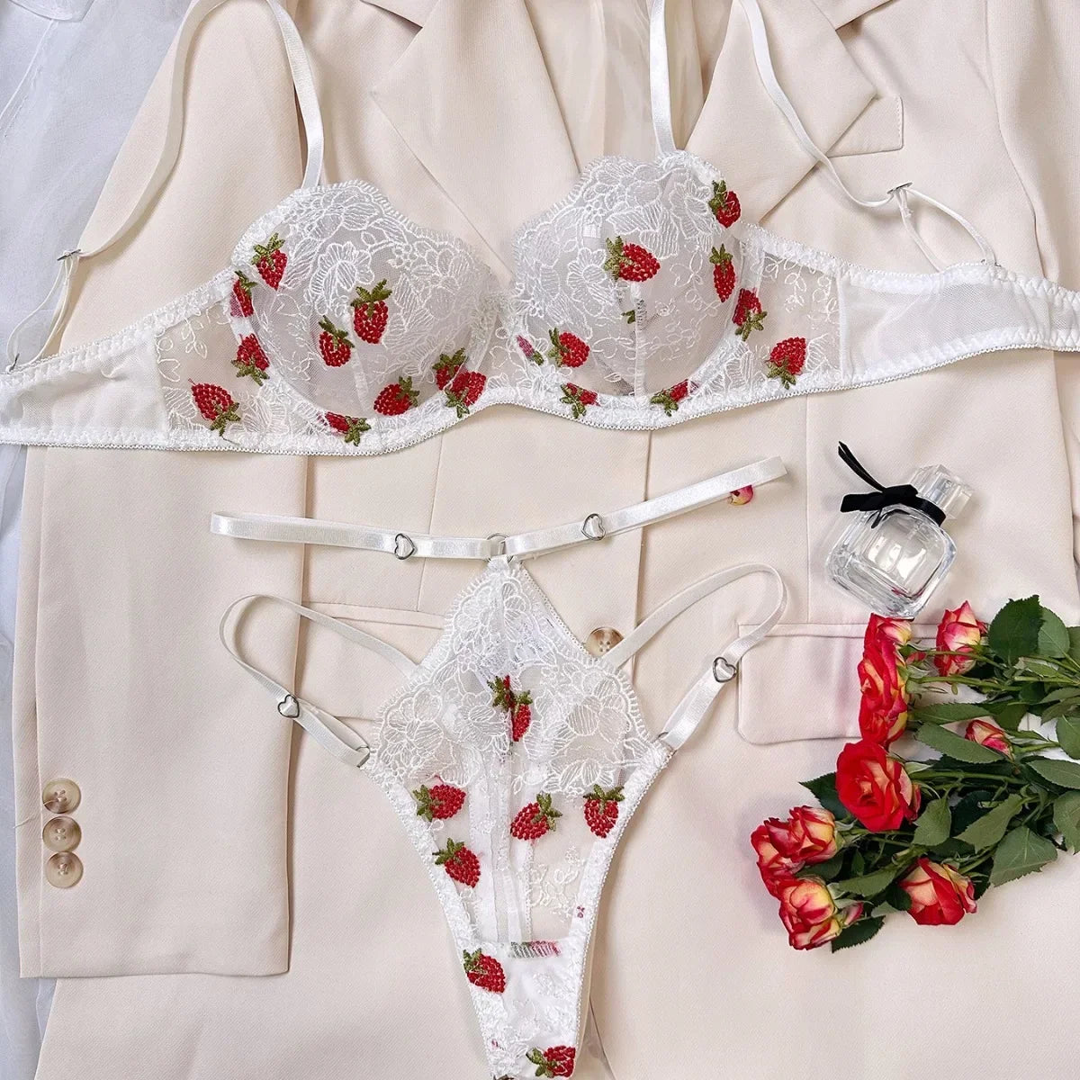Strawberry Embroidered Lingerie Set – Sheer Underwire Bra & Panty