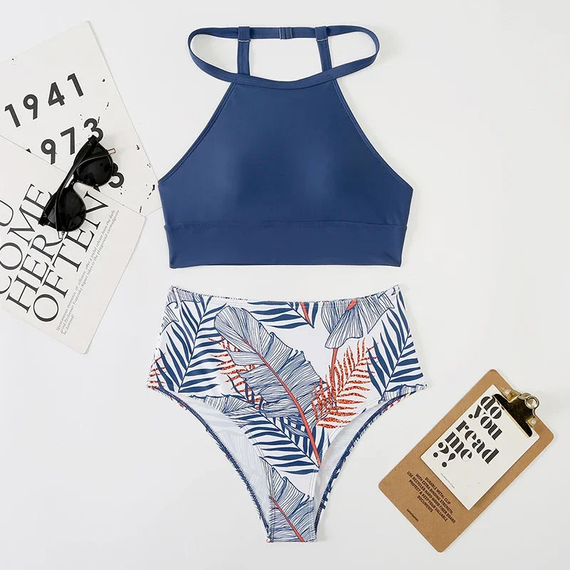 High Waist Bikini Set for Women – Printed, Padded & Wire-Free Swimwear with Halter Top and Garters