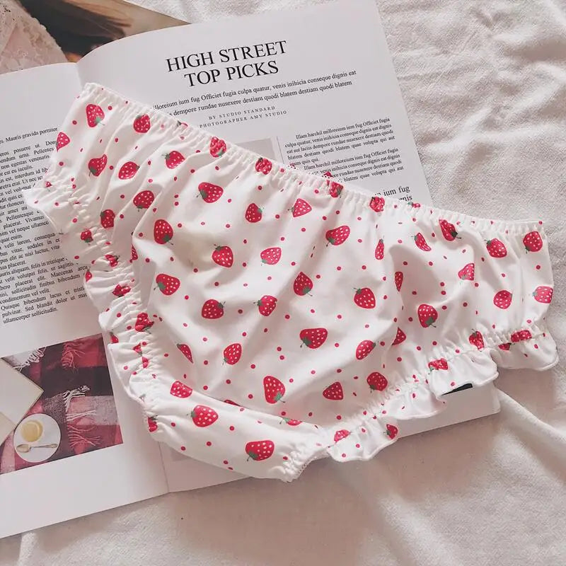 Cute Strawberry Milk Silk Panties – Low-Rise Bowknot Briefs for Women