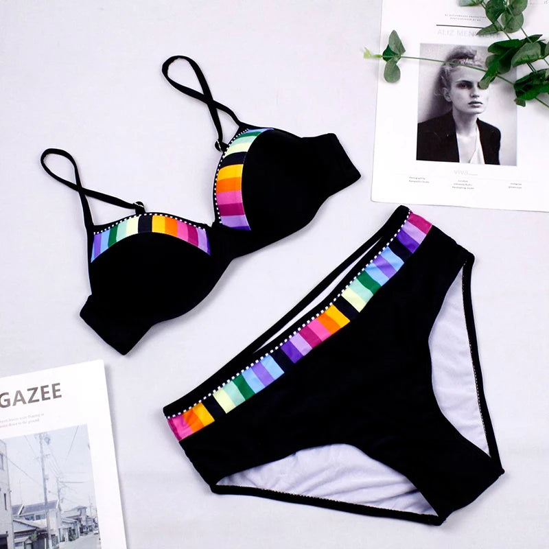 Black and Blue Print High-Waist Bikini Set for Women – Lace-Up Two-Piece Swimwear