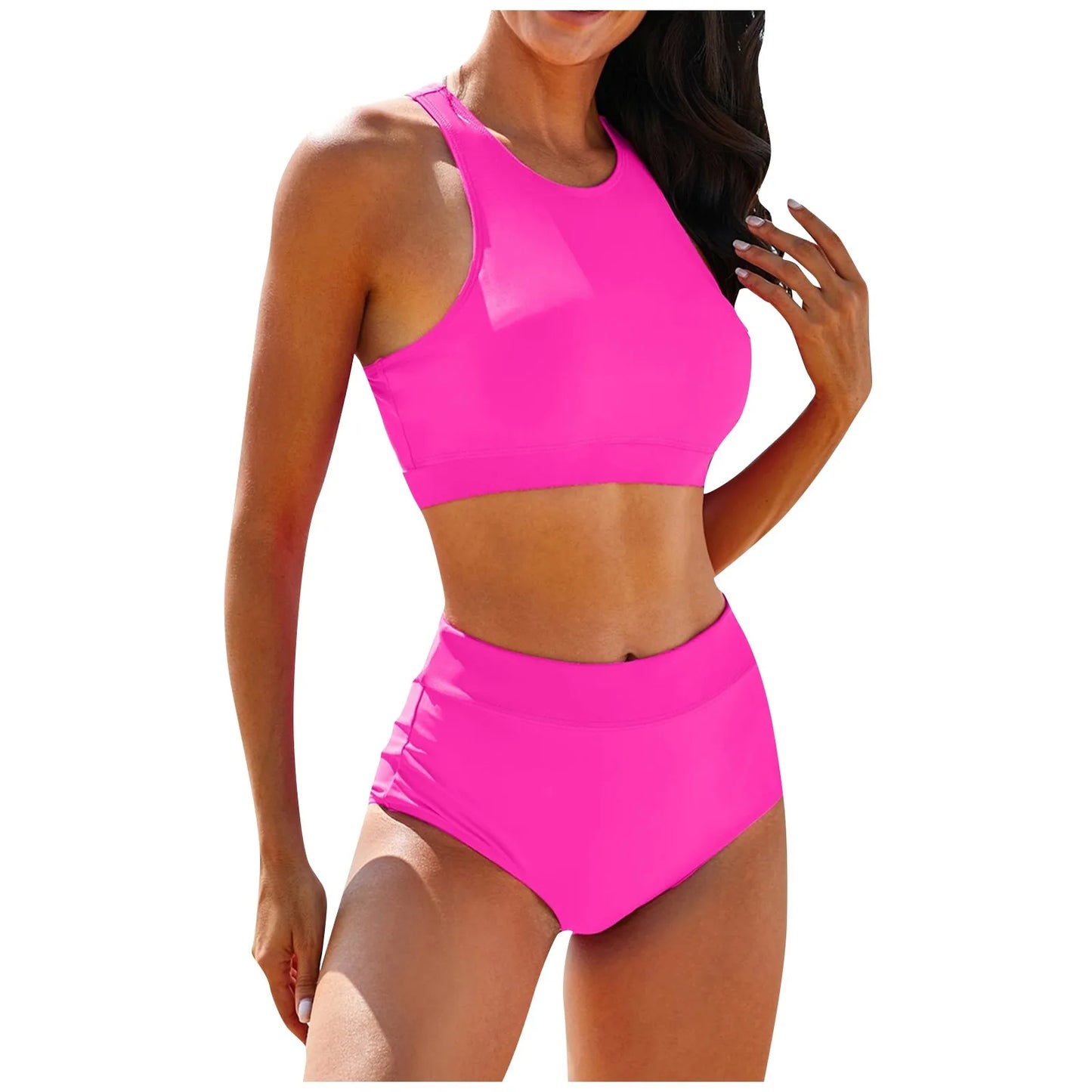 Woman wearing a bright pink bikini set on a white background
