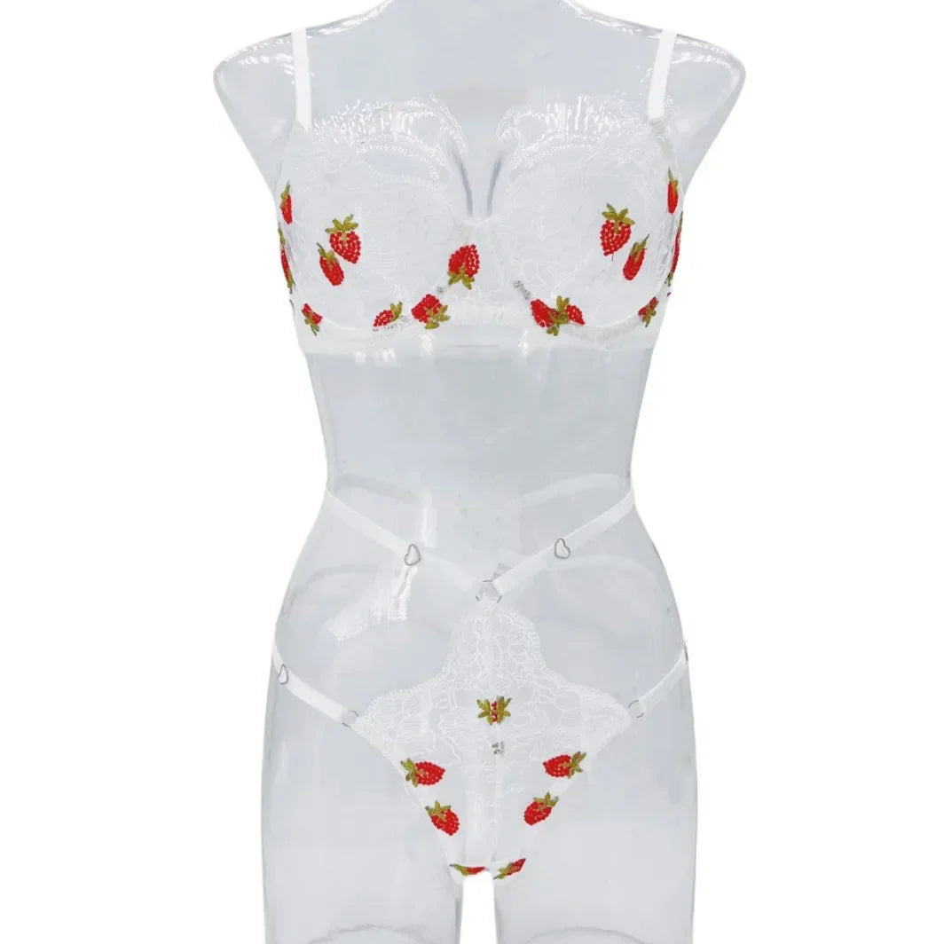 Strawberry Embroidered Lingerie Set – Sheer Underwire Bra & Panty