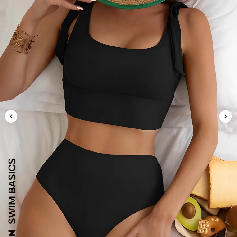Women's Two Piece High Waist Bikini Set – Knotted Solid Color Swimwear
