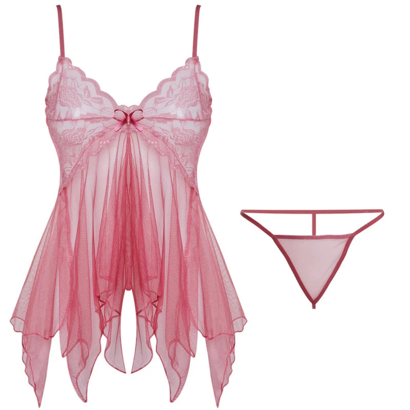 Sexy Lace Babydoll Lingerie for Women – Open Crotch Sleepwear Dress with Bra & Panty Set