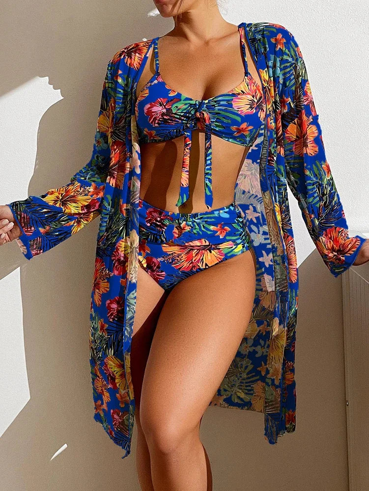 High Waisted Bikini 3 Pieces Floral Printed Swimsuit for Women