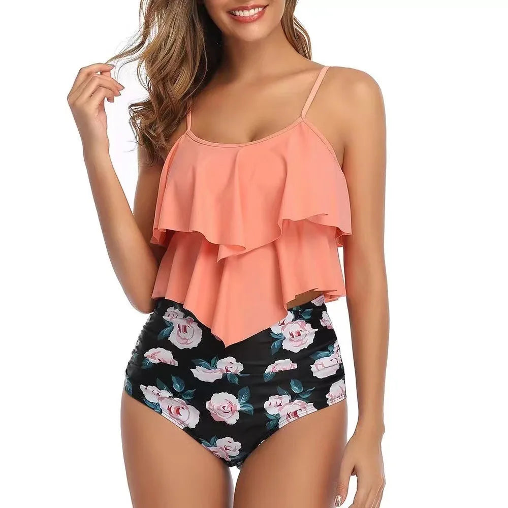 Swimwear Ruffles Women’s Two-Piece Set – High Waist Bikini with Printed Beachwear & Push-Up Tankini