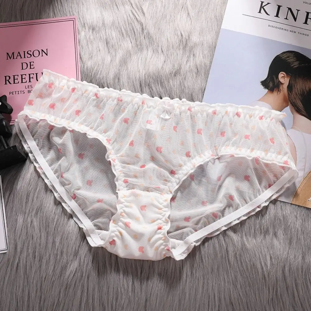 Strawberry Mesh Ruffle Panties – Low-Rise Cotton & Nylon Briefs