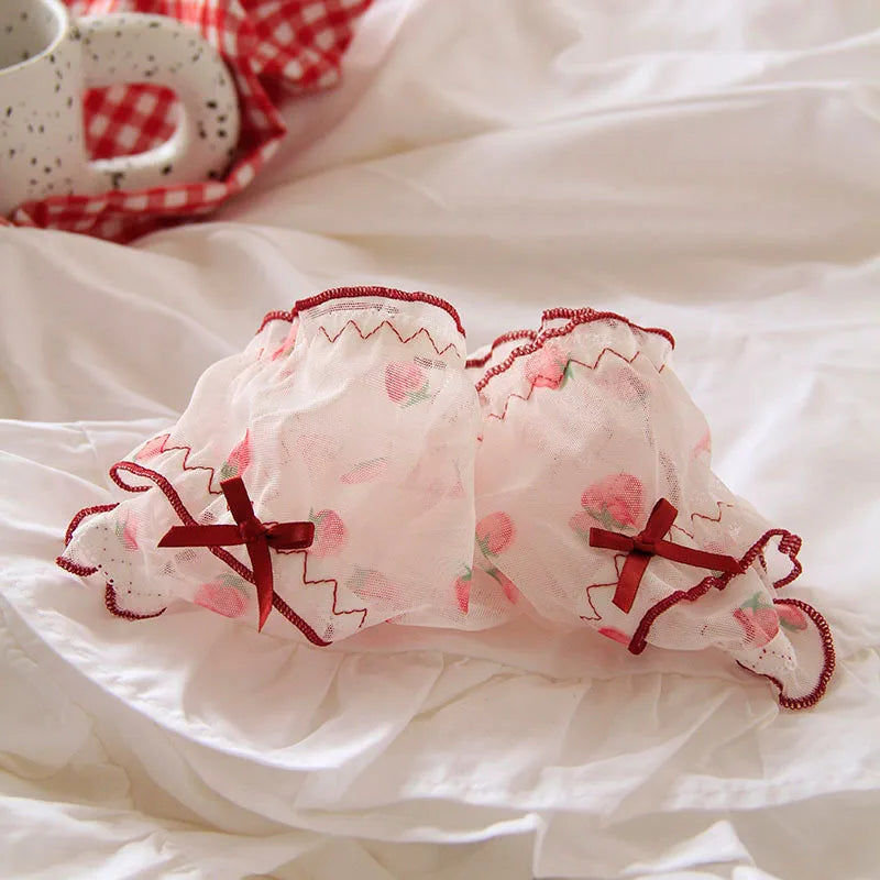 Red Strawberry Mesh Panties – Sexy Low-Rise Lace & Ruffle Briefs