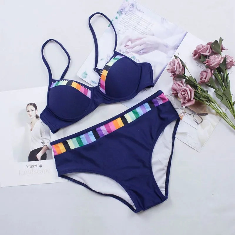 Black and Blue Print High-Waist Bikini Set for Women – Lace-Up Two-Piece Swimwear
