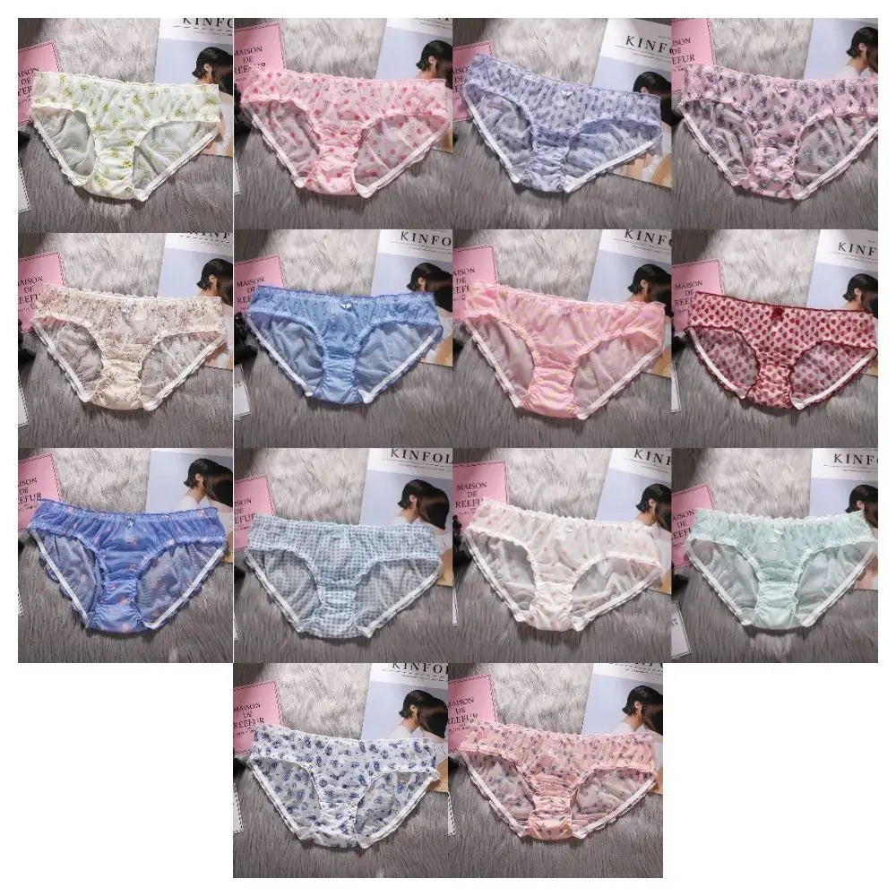 Strawberry Mesh Ruffle Panties – Low-Rise Cotton & Nylon Briefs