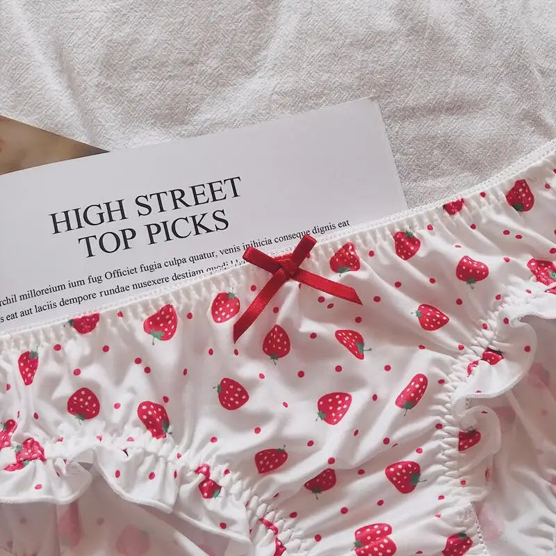 Cute Strawberry Milk Silk Panties – Low-Rise Bowknot Briefs for Women