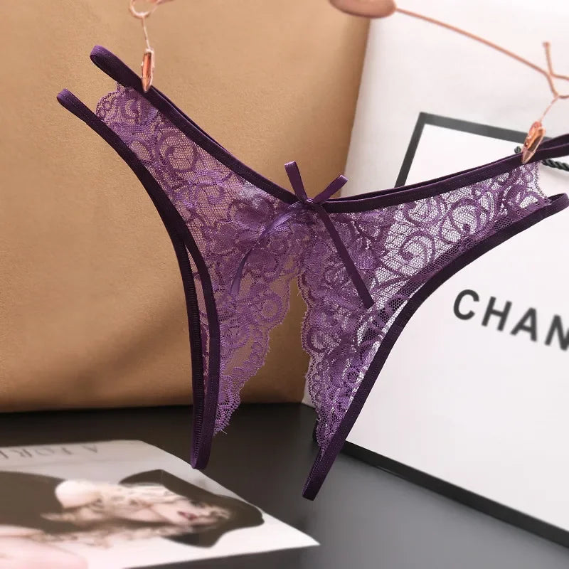 Women's Lace G-String Thongs with Transparent Crotch Opening