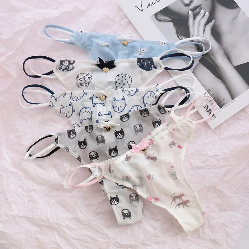 Transparent Low-Waist Cartoon G-String Panties – Cute Mesh Underwear