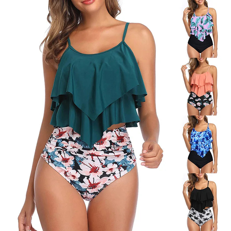 Swimwear Ruffles Women’s Two-Piece Set – High Waist Bikini with Printed Beachwear & Push-Up Tankini