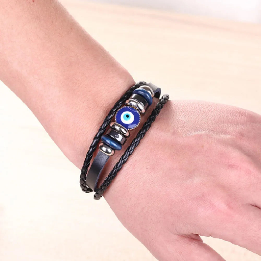 Turkish Evil Eye Vintage Multi-Layer Braided Leather Bracelet for Men
