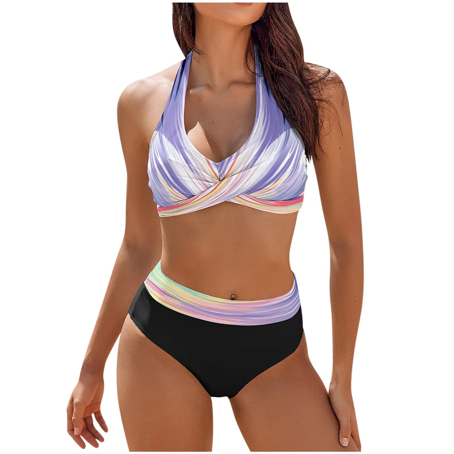Bikini Beach Colour Block Floral Printed Women's High Waist Two-Piece Swimsuit