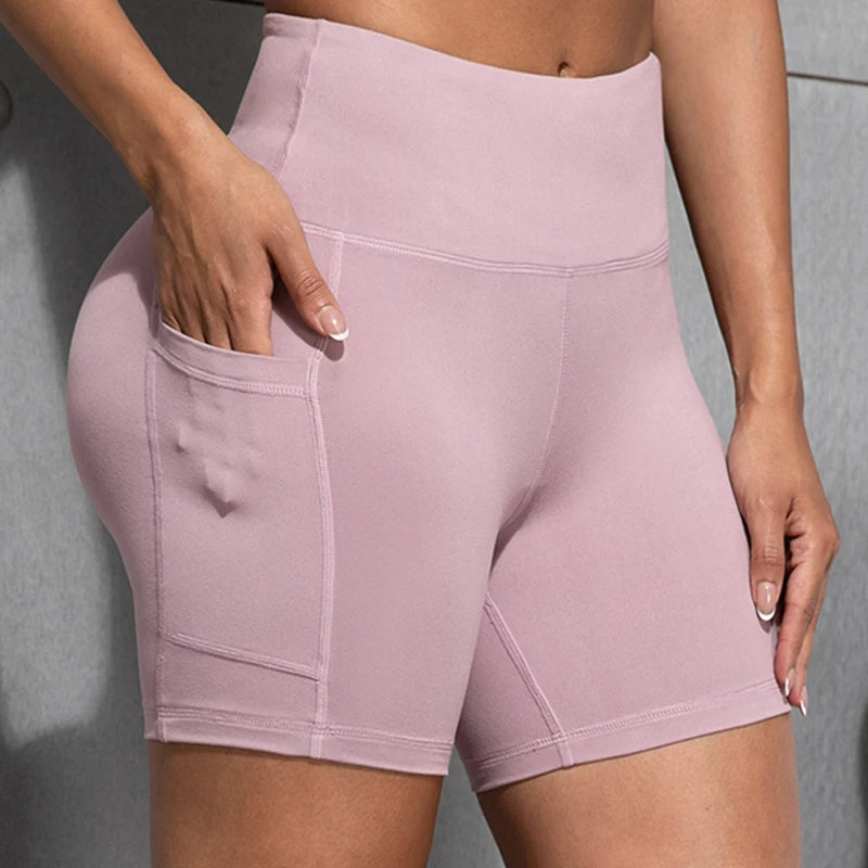 Women Shorts with Pockets Sexy Butt Lifting Fitness Cycling Tights Slim Solid Color High Waist Sports Shorts Casual Fashion Wear
